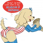 1:1 2015 accessory american_flag anne_kennel anthro armwear blush bodily_fluids body_blush bow_(feature) bow_accessory bow_ribbon butt butt_blush canid canine canis centered_hair_bow clothed clothing collar dialogue domestic_dog english_text fangs female fur furgonomics hair_accessory hair_bow hair_ribbon legwear lol_comments lonbluewolf mammal onomatopoeia open_mouth pups_of_liberty ribbons simple_background smile solo sound_effects suggestive sweat tail tail_accessory tail_bow tail_clothing tail_ribbon teeth text tongue united_states_of_america vein white_background