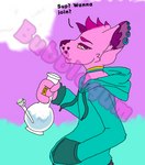 anthro bong clothed clothing drugs ear_piercing fully_clothed fur head_tuft hoodie male marijuana piercing pink_body pink_fur smoking stoned substance_intoxication teal_clothing teal_hoodie teal_topwear topwear tuft unknown_artist canid canine fox mammal absurd_res distracting_watermark hi_res watermark