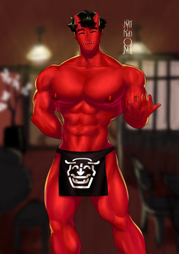 2_horns abs black_hair eyes_closed fangs hair horn male muscular muscular_humanoid muscular_male navel nipples pecs red_body red_skin solo teeth kyokudoni asian_mythology east_asian_mythology japanese_mythology mythology bokken_(kyokudoni) demon humanoid oni yokai hi_res