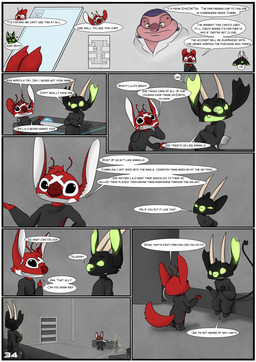 4_arms 4_fingers antennae_(anatomy) backpack black_eyes bottomwear clothed clothing computer crossed_arms dialogue electronics fangs fingers fur glowing glowing_eyes green_eyes green_mouth green_nose grey_mouth grey_tongue hammock hand_behind_head head_tuft holding_object horn male multi_arm multi_limb narrowed_eyes open_mouth open_smile pipe red_body red_fur red_nose shirt shorts smile spade_tail speech_bubble squint t-shirt tail teeth text tongue topwear tuft uniform evilbunnyking disney lilo_and_stitch chance_(experiment) fan_character jumba_jookiba tsuki_akurei alien experiment_(lilo_and_stitch) 2019 absurd_res comic english_text hi_res