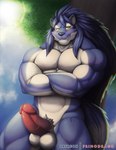 abs anthro balls blue_body cloud genitals looking_away male multicolored_body muscular muscular_anthro muscular_male penis plant pubes sky solo tree two_tone_body white_body primodrago sega shining_(sega) duga_(shining) canid canine canis mammal wolf hi_res