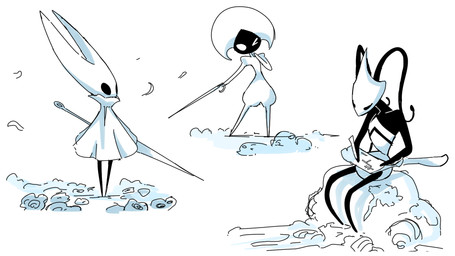 anthro black_body black_legs cloak clothed clothing creating_art holding_object holding_weapon hornet's_needle sitting standing weapon allanredhill hollow_knight:_silksong hollow_knight_(franchise) team_cherry hornet_(hollow_knight) lace_(hollow_knight:_silksong) shakra_(hollow_knight:_silksong) arthropod insect 16:9 hi_res widescreen