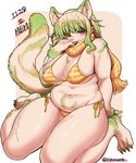 anthro big_breasts bikini breasts camel_toe clothing female green_hair hair side-tie_bikini side-tie_clothing side-tie_swimwear slightly_chubby solo string_bikini swimwear two-piece_swimsuit nzuuure domestic_cat felid feline felis mammal hi_res