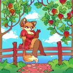 anthro barefoot berry biped breasts brown_eyes cleavage clothed clothing cloud dress feet female female_anthro fence fluffy fluffy_tail food fruit fur grass holding_berry holding_food holding_fruit holding_object leaf orange_body orange_fur outside paws plant red_clothing red_dress sitting sitting_on_fence sky solo tail tree suippupupu canid canine fox mammal red_fox true_fox 1:1 2019 aliasing digital_media_(artwork) oekaki