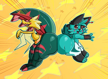 ambiguous_gender anthro big_butt blush bottom_heavy butt butt_bump butt_press duo eyes_closed feral green_body male male/male speed_lines star thick_thighs flowersunink nintendo pokemon solar_(solarphox) alien dinosaur dracozolt fossil_pokemon generation_8_pokemon pokemon_(species) prehistoric_species reptile scalie