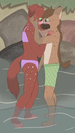 3_toes 4_fingers anthro blue_eyes blush brown_body brown_fur caressing clothing duo embarrassed exhibitionism feet female fingers floppy_ears fluffy fluffy_tail fur green_clothing green_eyes groping_crotch intimate lake looking_down male male/female markings multicolored_body nervous no_shading open_mouth outside over_clothes pink_clothing public red_body red_fur rock romantic romantic_couple side_view simple_background smile spots spotted_markings standing swimming swimming_trunks swimwear tail through_clothing toes water white_body white_fur clydecub43 canid canine hyena mammal 2024 9:16 digital_media_(artwork) hi_res