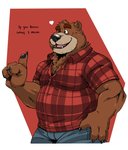 anthro bottomwear brown_body brown_fur clothing fur heart_symbol humanoid_hands male one_eye_closed overweight overweight_anthro overweight_male pants shirt solo text topwear wink leo_zeke password_(visual_novel) dean_(password) bear brown_bear mammal ursine 2021 english_text hi_res