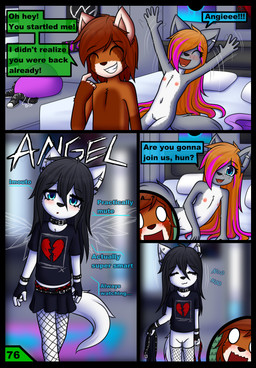 alternative_fashion anthro bed bedroom bottomless bottomwear clothed clothing dialogue duo emo female flat_chested furniture genitals goth group male male/female midriff nipples nude punk skirt text trio vulva young dream_mirage angel_kitsune axel_biersack kayla_kitsune ailurid canid canine canis fox hybrid mammal red_panda wolf comic hi_res