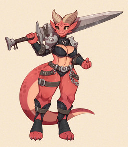 3_toes 4_fingers anthro armor belt belt_buckle breasts brown_eyes buckle chain_accessory cleavage clothed clothing countershading eyelashes feet female fingers foot_wraps horn legband long_eyelashes markings melee_weapon pauldron red_body simple_background soft_abs solo spots spotted_ears spotted_face spotted_legs spotted_markings spotted_tail spotted_thighs sword tail tail_markings thick_thighs thighband toes ventral_groove weapon wraps asimos kobold scalie hi_res