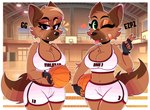 anthro arm_tuft ball basketball basketball_(ball) basketball_court basketball_shorts bodily_fluids bottomwear breasts brown_body brown_fur brown_hair chest_tuft clothing dolphin_shorts duo elbow_tuft eyebrow_piercing eyebrow_through_hair eyebrows eyelashes facial_piercing fangs female fingerless_gloves fur gesture gloves green_eyes hair hand_gesture handwear inside midriff navel one_eye_closed piercing purple_eyes shorts sweat teeth tongue tongue_out translucent translucent_hair tuft two_tone_tail v_sign wink wireless_shiba ventura_city_drifters rose_naire violet_naire canid canine canis domestic_dog mammal absurd_res hi_res sibling_(lore) sister_(lore) sisters_(lore)