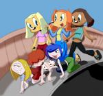 anthro blonde_hair blue_eyes blue_hair breasts brown_body brown_fur clothing female fur green_eyes group hair red_hair role_reversal tongue tongue_out killy00 brandy_and_mr._whiskers cartoon_network disney ed_edd_n_eddy brandy_harrington lee_kanker marie_kanker may_kanker sandy_carington tiffany_turlington canid canine canis domestic_dog human mammal hi_res