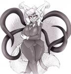 anthro back_tentacles big_breasts biped bottomwear breasts clothed clothing curvy_figure evil_grin eyebrows eyelashes female fluffy fluffy_tail formal_wear front_view grin lips looking_at_viewer makeup mature_anthro mature_female necktie pinstripe_clothing pinstripe_suit pose simple_background smile solo standing suit tail tentacles topwear voluptuous white_background alexaxes creepypasta slenderman demon felid feline lynx mammal hi_res monochrome