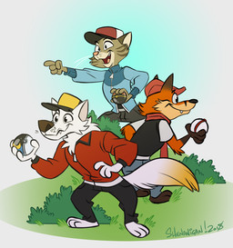 4_fingers anthro biped blue_clothing clothed clothing countershade_face countershade_fur countershading fingers fur gesture grass group hand_gesture hat headgear headwear holding_object holding_pokeball male open_mouth open_smile orange_body orange_fur plant pointing pokeball red_clothing smile tail trio white_body white_fur 87octane nintendo pokemon canid canine domestic_cat felid feline felis fox mammal hi_res