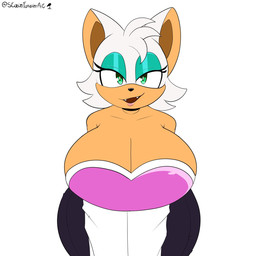 anthro bent_over big_breasts breasts cleavage clothed clothing duo female huge_breasts looking_at_viewer simple_background stainforeverart sega sonic_the_hedgehog_(series) rouge_the_bat bat mammal 1:1 flat_colors hi_res signature