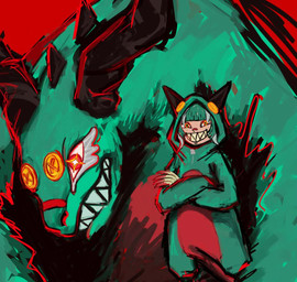abstract_background ambiguous_gender back_spines biped button_(fastener) clothed clothing contiguous_snout costume cross_pupils crossed_arms feral grin hair horn looking_at_viewer multiple_forms onesie open_mouth orange_eyes plushie pose quadruped red_background red_onesie simple_background smile snout solo standing straight_hair tan_body teal_body teal_hair teal_onesie two_tone_onesie unusual_anatomy unusual_horn young hebby_(artist) gachiakuta mythology guita_hebby_fantasia animate_inanimate dragon human kaiju living_plushie mammal mythological_creature mythological_scalie scalie 2026 digital_media_(artwork) digital_painting_(artwork) painting_(artwork) shaded female_(lore)