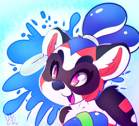 ambiguous_gender anthro ear_piercing eyebrows eyelashes hair happy multicolored_body open_mouth piercing purple_eyes simple_background smile solo tied_hair kemotobi tobiki_(kemotobi) domestic_ferret mammal mustelid musteline true_musteline weasel 2015