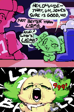 2_panel_comic ambiguous_feral ambiguous_focus ambiguous_gender black_text clothed clothed_human clothed_male clothing damage_numbers detailed_background dialogue disintegration duo exclamation_point eyebrows feral feral_focus fur furniture green_body green_ears green_eyes green_fur green_pawpads green_speech_bubble hat headgear headwear humor ligma looking_at_another looking_at_viewer male male_human multicolored_body multicolored_fur neck_tuft number open_mouth pawpads paws pink_speech_bubble pink_tongue question_mark shirt solo_focus speech_bubble table talking_feral talking_to_another teeth text tongue topwear tuft white_sclera white_text yellow_body yellow_fur ligma_(artist) ash_baby_(meme) jewelpet sanrio sega_fave peridot_(jewelpet) canid canine canis domestic_dog human mammal papillon toy_dog 2026 archived_source comic digital_media_(artwork) english_text handwritten_text meme pixel_(artwork) shaded female_(lore)