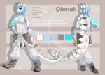 anthro biped blue_eyes blue_hair bottomwear breasts clothed clothing color_swatch female front_view fully_clothed grey_background grey_bottomwear grey_clothing grey_pants grey_topwear hair hand_on_hip long_tail multiple_angles non-mammal_breasts pants rear_view scales short_hair simple_background solo spiked_tail spikes spikes_(anatomy) standing tail text thagomizer topwear white_body white_scales white_tail lapres qismah dinosaur ornithischian prehistoric_species reptile scalie stegosaurian stegosaurus thyreophoran 2012 character_name digital_media_(artwork) english_text model_sheet