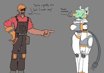 anthro armor belt bottomless bottomwear cable_tail clothed clothing dialogue duo eyewear fake_whiskers female fingers for_a_head gesture gloves goggles green_face green_inner_ear hand_gesture handwear hard_hat hat headgear headwear helmet knee_pads machine male metallic_body name_tag noseless pants pointing red_clothing red_shirt red_topwear screen screen_face shirt simple_background smile tail text thick_thighs topwear topwear_only white_body wide_hips hightower_(artist) fuch!_(copyright) team_fortress_2 valve engineer_(team_fortress_2) pur_03 domestic_cat felid feline felis human mammal monitor_head object_head robot robot_anthro screen_head digital_media_(artwork) english_text