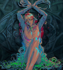 ahoge blush bound chain collar cuff_(restraint) curly_hair ear_piercing ear_ring eyebrows eyelashes glistening_markings glowing glowing_eyes green_eyes hair hands_tied hoop_ear_ring humanoid_pointy_ears lips long_hair looking_at_viewer male mastectomy_scar multicolored_hair nipples not_furry nude piercing pointy_ears rainbow_hair raised_arms restraints ring_piercing scar sitting solo spiral_markings the_distortion_(tma) visibly_trans wrist_cuffs blackberreh the_magnus_archives michael_shelley avatar_(tma) entity_(tma) humanoid mammal spiral_(tma) absurd_res digital_media_(artwork) hi_res