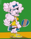 anthro blue_eyes bottomwear bow_ribbon clothing female footwear horn shoes skirt sneakers solo tennis_racket steve_jones idw_publishing sega sonic_the_hedgehog_(comics) sonic_the_hedgehog_(idw) sonic_the_hedgehog_(series) lanolin_the_sheep_(sonic) bovid caprine mammal sheep hi_res