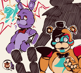 anthro black_bow_tie bow_tie brown_body clothing duo ear_piercing electric_guitar exclamation_point eye_contact facial_markings guitar hat head_markings headgear headwear looking_at_another machine male markings metallic_body musical_instrument piercing plucked_string_instrument pupils purple_body question_mark raised_hand shocked shoulder_pads silhouette simple_background string_instrument top_hat unusual_pupils calemonssi five_nights_at_freddy's five_nights_at_freddy's:_security_breach flying_v gibson scottgames steel_wool_studios bonnie_(fnaf) freddy_(fnaf) glamrock_freddy animatronic bear lagomorph leporid mammal rabbit robot 2022 absurd_res hi_res