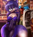 absurd_res alcohol anthro beverage big_breasts blue_body blue_fur breasts canid canine canon_couple duo female fox fox_mccloud fur hi_res krystal_(star_fox) mammal nintendo star_fox text url v-tal