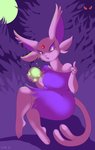 anthro anthrofied blue_clothing blue_eyes blue_shirt blue_topwear blue_tunic clothed clothing female full_moon fully_clothed holding_object moon open_mouth orb pink_body pokemorph shirt simple_background solo topwear tunic sanssouci nintendo pokemon eeveelution espeon generation_2_pokemon pokemon_(species) 2021 hi_res signature