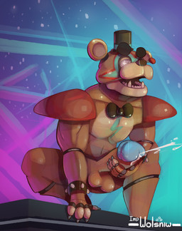 anthro balls bodily_fluids cum erection genital_fluids genitals glans looking_pleasured machine male masturbation penis solo stage impwolsniw five_nights_at_freddy's five_nights_at_freddy's:_security_breach scottgames steel_wool_studios glamrock_freddy animatronic robot absurd_res hi_res