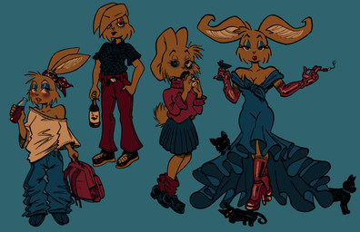 alcohol anthro backpack bandana_on_head beer beverage black_body bottomwear brown_body brown_fur cigarette clothing cocktail cocktail_glass coffee collar container cup dress drinking_glass eye_bags female fluffy fluffy_tail footwear fur glass glass_container glass_cup gloves group handwear high_heels legwear long_ears looking_at_viewer makeup martini oversized_clothing pattern_clothing pattern_shirt pattern_topwear plaid plaid_clothing plaid_shirt plaid_topwear shirt shoes simple_background skirt smoke soda_bottle stockings sweater tail topwear autenticovadito bugambilia_(autenticovadito) animal_humanoid domestic_cat domestic_rabbit felid feline felis humanoid lagomorph lagomorph_humanoid leporid mammal mammal_humanoid oryctolagus rabbit absurd_res digital_media_(artwork) hi_res