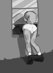 anthro arin_mcalister blush bottomwear bottomwear_down briefs butt clothed clothing footwear male markings outside pants pants_down partially_clothed shirt socks solo spots spotted_markings t-shirt tighty_whities topwear trapped underwear white_briefs white_clothing white_footwear white_socks white_underwear window capra_kid arin_(capra_kid) canid canine canis domestic_dog mammal greyscale monochrome