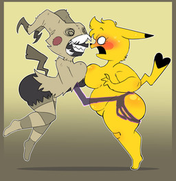 anthro anthrofied belly big_breasts big_butt biped black_body blonde_hair blush border bottomless breast_squish breasts breasts_frottage brown_border butt butt_grab cheek_spots clothed clothing dipstick_tail disembodied_hand duo ears_back embarrassed empty_eyes female female/female floating frown fupa ghost_hand grin grope hair hair_over_eyes hand_on_butt hip_grab hood hooded_cloak humanoidized legwear markings nude open_frown open_mouth overweight overweight_anthro overweight_female pattern_clothing pattern_legwear pattern_stockings pivoted_ears pokemorph sharp_teeth shocked shortstack shortstack_female side_view simple_background slightly_chubby slightly_chubby_anthro slightly_chubby_female smile squish stitch_(sewing) stockings striped_clothing striped_legwear striped_stockings stripes stylized_empty_eyes tail tail_markings tan_background teeth thick_thighs under_boob white_hair wide_eyed yellow_body picknpull nintendo pokemon generation_1_pokemon generation_7_pokemon humanoid mimikyu pikachu pokemon_(species) 2026 absurd_res digital_drawing_(artwork) digital_media_(artwork) hi_res