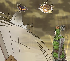 anthro armor clothed clothing dress female female_anthro green_armor male male_anthro sent_flying spiral spiral_eyes tail tail_tuft tuft upskirt slightlysimian molly_(slightlysimian) bovid bovine cattle equid equine horse mammal 2025 absurd_res digital_drawing_(artwork) digital_media_(artwork) hi_res