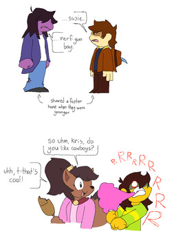 ambiguous_gender ambiguous_human anthro brown_body brown_fur brown_hair candy clothing corndog cotton_candy cowboy_hat dessert dialogue female fluffy fluffy_tail food fur group growling hair hat headgear headwear jacket male ponytail purple_body tail text topwear anonymous_artist unknown_artist deltarune deltarune_yellow undertale undertale_(series) undertale_yellow cole_(deltarune_yellow) kanako_ketsukane kris_dreemurr susie_(deltarune) canid canine fox human mammal reptile scalie english_text