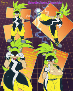 abstract_background airing_out_breasts alternative_fashion anthro big_breasts blue_eyes blush bodily_fluids breasts cleavage clothed clothing dialogue ear_piercing ear_ring electricity female green_body huge_breasts jacket kick lightning opening_jacket piercing punk ring_piercing sharp_teeth solo spread_legs spreading sweat synthwave teeth text tongue tongue_piercing topwear wide_hips sonomatic idw_publishing sega sonic_the_hedgehog_(comics) sonic_the_hedgehog_(idw) sonic_the_hedgehog_(series) surge_the_tenrec afrosoricid mammal tenrec absurd_res colored english_text hi_res sketch_page