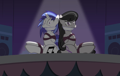 angry bdsm black_hair blue_hair bondage bound cloth_gag detailed_background duo female feral gag gagged hair horn looking_at_viewer purple_eyes restraints rope rope_bondage scared stage radiantrealm friendship_is_magic hasbro my_little_pony mythology octavia_(mlp) vinyl_scratch_(mlp) earth_pony equid equine horse mammal mythological_creature mythological_equine pony unicorn 2015