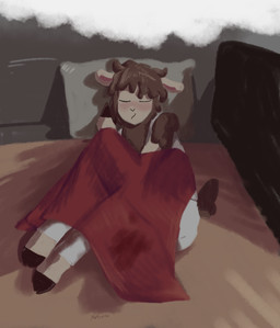anthro bed bed_sheet bedding bedroom blanket blush bodily_fluids brown_body brown_fur clothed clothing eyes_closed fur furniture genital_fluids hair liquid male messy_hair multicolored_body multicolored_fur night pillow skinny sleeping small_tail solo tail urine wetting white_body white_fur young young_anthro young_male yoshreveluv yoshua_(yoshreveluv) bovid caprine mammal sheep digital_drawing_(artwork) digital_media_(artwork) hi_res shaded