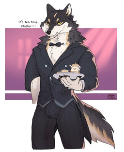 anthro biped black_body black_bottomwear black_clothing black_fur black_pants black_topwear bottomwear butler clothing container cup fur holding_platter looking_at_viewer male multicolored_body multicolored_fur neck_tuft pants smile smiling_at_viewer solo talking_to_viewer tan_body tan_fur tea_cup teapot topwear tuft white_body white_fur yellow_eyes zephyxus favonius canid canine canis mammal wolf 2026 digital_media_(artwork)