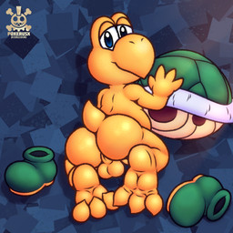 3_toes balls barefoot bent_over blue_eyes boots butt claws clothing curling_toes discarded_footwear feet footwear genitals looking_at_viewer looking_back male perineum shell shoes smile soles tail toe_claws toes yellow_body pokerus10 mario_bros nintendo koopa koopa_troopa reptile scalie turtle 1:1 absurd_res hi_res