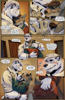 anthro bedroom_eyes blush blush_lines brown_body brown_fur brown_hair butt butt_grab clothed clothing dialogue duo eye_contact fur grey_hair hair hand_on_butt head_on_chest hug inside logo looking_at_another male male/male narrowed_eyes seductive shirt size_difference sniffing speech_bubble text thought_bubble topwear white_body white_fur molnyshko bear canid canine canis mammal wolf artist_logo comic english_text hi_res
