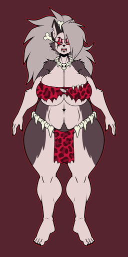 anthro big_breasts body_hair bottomwear breasts clothed clothed_anthro clothed_female clothing eyelashes female fur glistening_eyelids grey_body grey_fur grey_hair hair happy_trail loincloth long_eyelashes navel prehistoric pube_peek pubes solo tribal white_body white_fur darksheep46 hellaverse helluva_boss mythology loona_(helluva_boss) canid canid_demon canine demon hellhound mammal mythological_canine mythological_creature absurd_res hi_res
