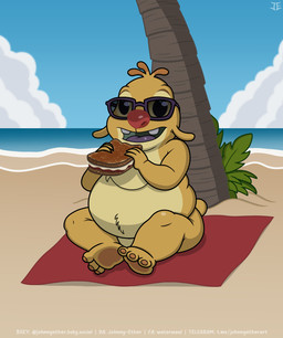 3_toes anthro beach beach_blanket belly_tuft black_eyes brown_pawpads buckteeth day eyewear eyewear_only featureless_crotch feet food fur green_mouth holding_food holding_object holding_sandwich looking_at_viewer male nude open_mouth open_smile outside overweight overweight_anthro overweight_male palm_tree pawpads plant purple_eyewear purple_sunglasses purple_tongue red_nose reuben_sandwich sandwich_(food) sitting small_tail smile solo sunglasses sunglasses_only tail teeth toes tongue tree tuft yellow_body yellow_fur johnny_ether disney lilo_and_stitch reuben_(lilo_and_stitch) alien experiment_(lilo_and_stitch) 2025 cel_shading digital_drawing_(artwork) digital_media_(artwork) hi_res shaded