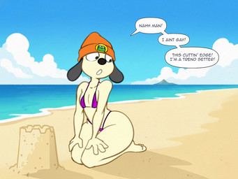 anthro beach beanie big_butt bikini bikini_thong butt clothing cloud day femboy hand_on_leg hand_on_thigh hat headgear headwear kneeling male mountain no_homo orange_beanie orange_clothing orange_hat orange_headwear orientation_play purple_clothing purple_thong purple_underwear sand sand_castle sculpture sky solo string string_bikini swimwear text thick_thighs thong two-piece_swimsuit underwear yellow_body dracojeff parappa_the_rapper sony_corporation sony_interactive_entertainment parappa canid canine canis domestic_dog mammal 4:3 english_text