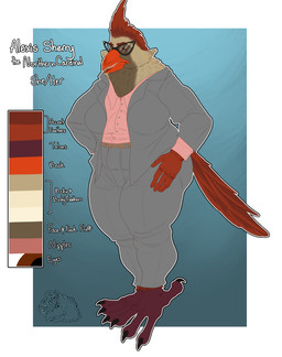 anthro big_breasts blazer breasts cat_eye_glasses clothing female formal_wear mature_anthro mature_female non-mammal_breasts text stickyfeathers alexis_sherry avian bird cardinal_(bird) northern_cardinal oscine passerine absurd_res english_text hi_res