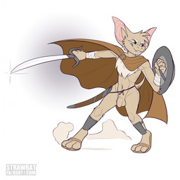 anthro arm_wraps armor balls bat_ears bat_tail belt chest_tuft cloak cloak_only clothing flaccid fur genitals green_eyes holding_object holding_weapon humanoid_genitalia humanoid_penis leg_armor male melee_weapon mostly_nude mostly_nude_anthro mostly_nude_male navel penis scabbard shield simple_background smile solo standing sword tail tan_body tan_fur teeth tuft weapon wraps strawbat turo_of_akesh bat desert_long-eared_bat mammal wingless_bat 1:1 digital_media_(artwork) hi_res