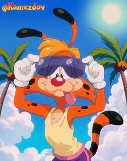 anthro black_spots blep blonde_hair clothing cloud countershade_face countershade_torso countershading dipstick_ears ear_markings eyewear fur gloves hair handwear male markings multicolored_ears orange_body orange_fur palm_tree plant red_nose shirt sky solo spots spotted_body spotted_fur striped_markings striped_tail stripes sun sunglasses tail tail_markings tank_top tongue tongue_out toony topwear tree kamezdov bonkers_(series) bonkers_d._bobcat bobcat felid feline lynx mammal 2026 hi_res
