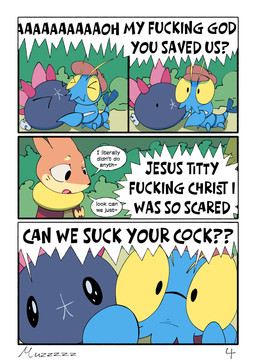 ambiguous_gender bow_ribbon cape clothing dialogue eyewear feral glasses grass group hat headgear headwear plant profanity rock shrub speech_bubble text muzzzzz nintendo pokemon pokemon_mystery_dungeon spike_chunsoft buizel clauncher generation_4_pokemon generation_6_pokemon generation_7_pokemon pokemon_(species) pyukumuku 2026 absurd_res comic digital_media_(artwork) english_text hi_res female_(lore) male_(lore)
