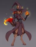 4_toes anthro barefoot big_hat black_sclera breasts claws clothed clothing digitigrade elemental_manipulation embers feet female fire fire_manipulation fur glowing glowing_eyes green_eyes hair long_hair looking_at_viewer magic_user simple_background solo toes witch ramudey caradhina canid canine canis mammal 2018 absurd_res digital_media_(artwork) hi_res