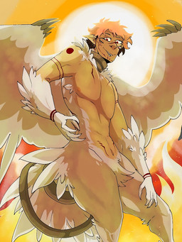 arm_tattoo athletic athletic_male claws collar collar_only dark_hair facial_tattoo feathered_wings feathers fire flaming_tail fur grey_claws hair hand_on_leg intersex light light_beam looking_at_viewer male maleherm markings monster_girl_(genre) muscular nude pink_hair solo sunbeam sunlight tail tattoo white_body white_feathers white_fur wings womb_tattoo wrist_tattoo puppetmaster13uwu nintendo pokemon generation_5_pokemon humanoid legendary_pokemon pokemon_(species) pokemon_humanoid reshiram cel_shading crossover shaded