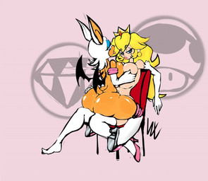 anthro blue_eyes breast_squish breasts breasts_frottage butt chair clothing crown duo female footwear furniture gem half-closed_eyes headgear high_heels looking_at_viewer membrane_(anatomy) membranous_wings narrowed_eyes on_top royalty shoes sitting squish straddling tongue tongue_out wings wolflance mario_bros nintendo sega sonic_the_hedgehog_(series) princess_peach rouge_the_bat bat human mammal crossover